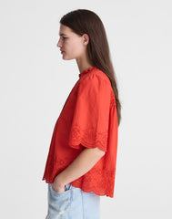 Embroidered Pintuck High-Neck Top WILD POPPY