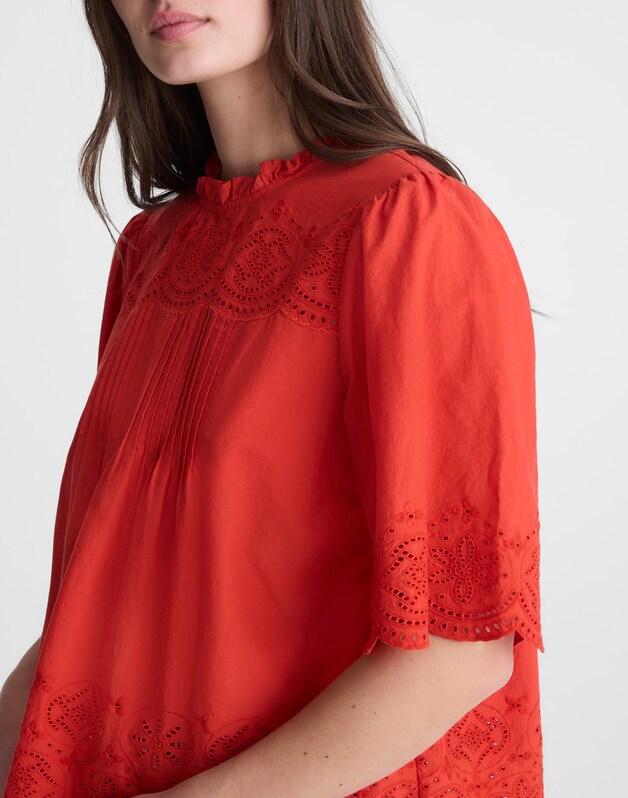 Embroidered Pintuck High-Neck Top WILD POPPY