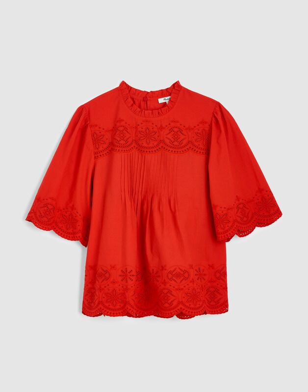 Embroidered Pintuck High-Neck Top WILD POPPY
