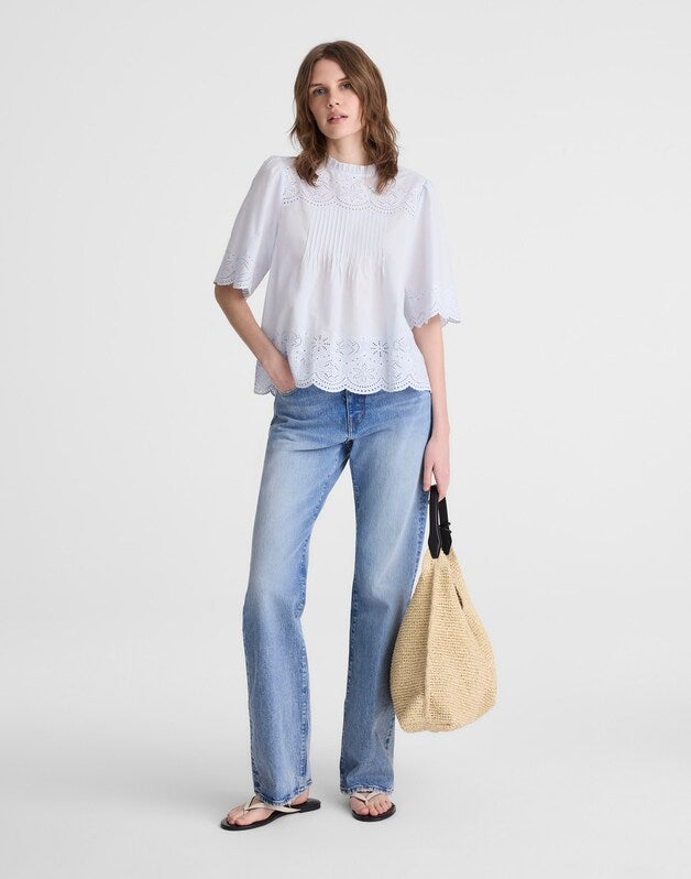 Embroidered Pintuck High-Neck Top SOFT BLUE