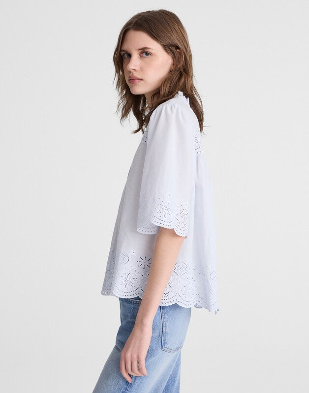 Embroidered Pintuck High-Neck Top SOFT BLUE