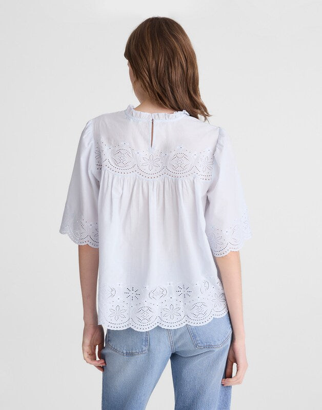 Embroidered Pintuck High-Neck Top SOFT BLUE
