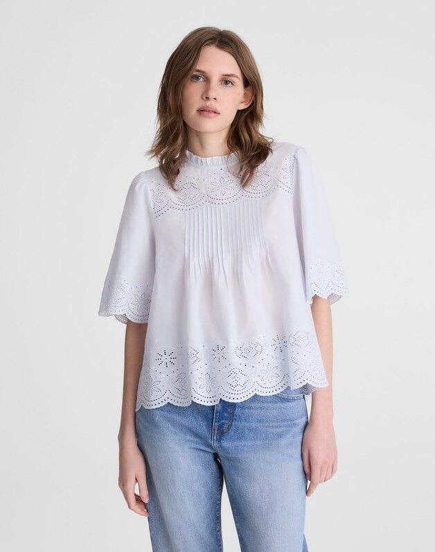 Embroidered Pintuck High-Neck Top SOFT BLUE