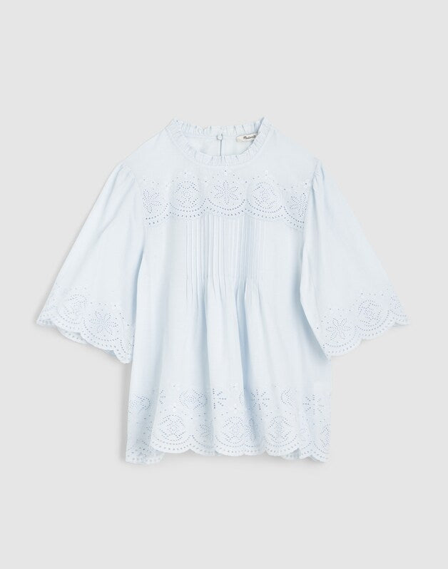 Embroidered Pintuck High-Neck Top SOFT BLUE