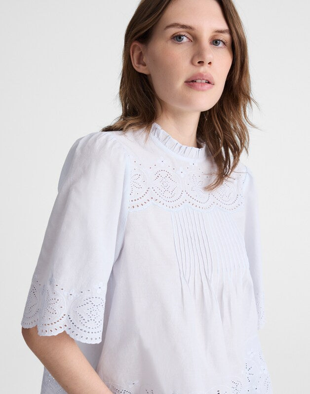 Embroidered Pintuck High-Neck Top SOFT BLUE