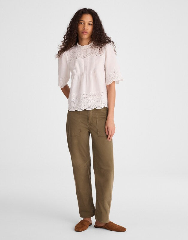 Embroidered Pintuck High-Neck Top WHITE