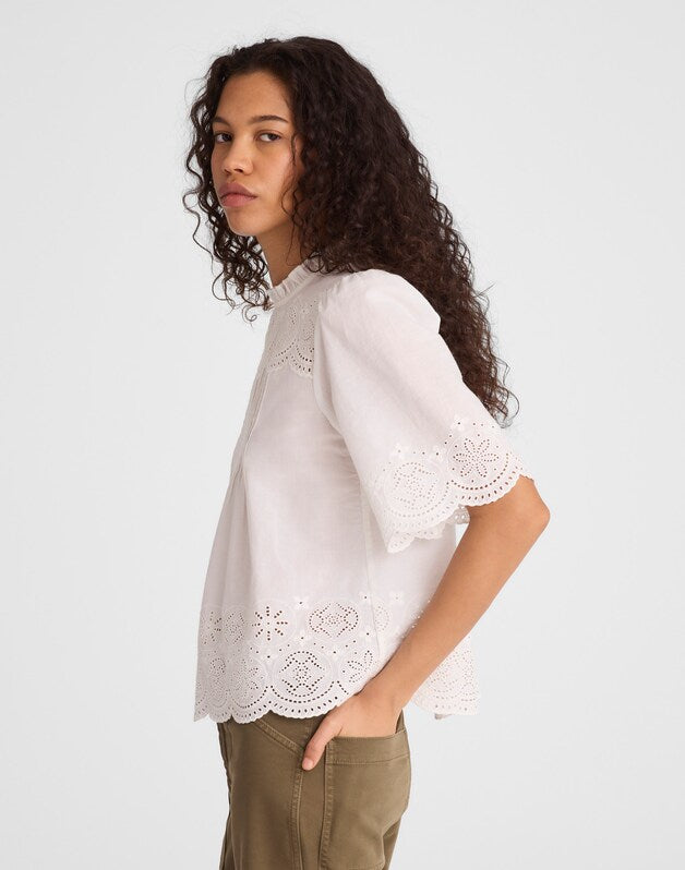 Embroidered Pintuck High-Neck Top WHITE