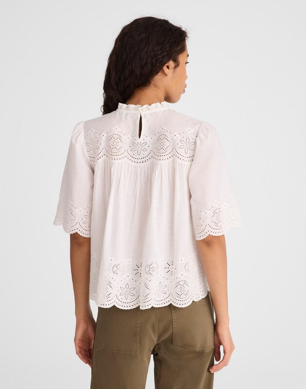 Embroidered Pintuck High-Neck Top WHITE