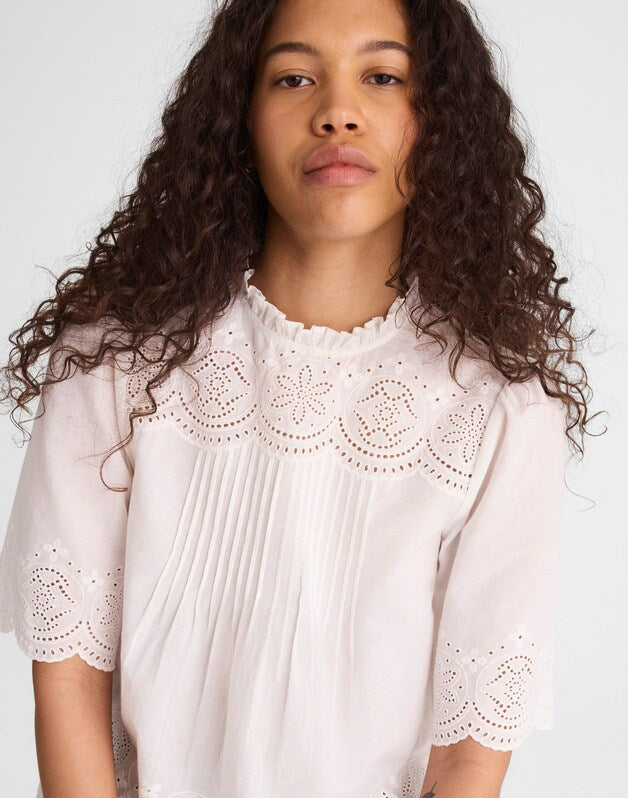 Embroidered Pintuck High-Neck Top WHITE