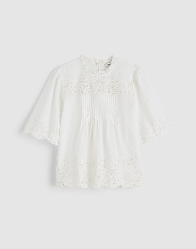 Embroidered Pintuck High-Neck Top WHITE