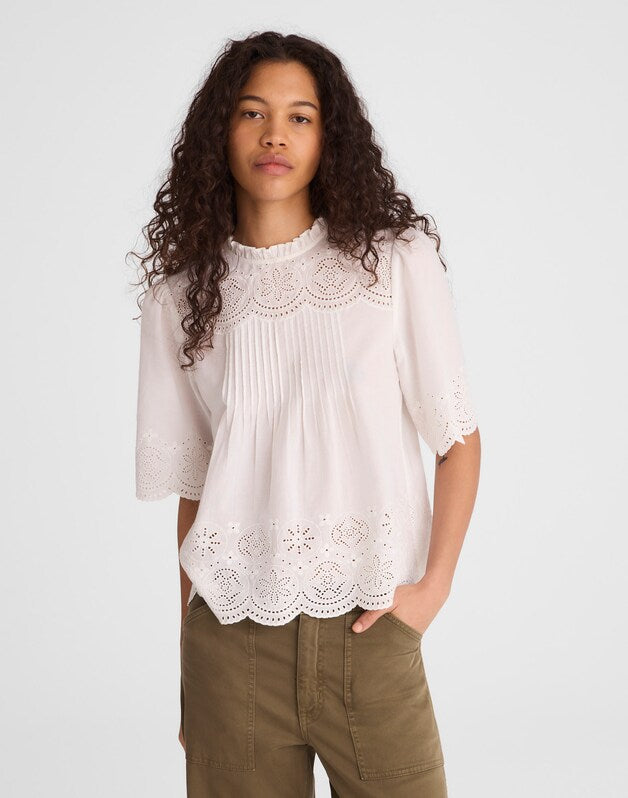 Embroidered Pintuck High-Neck Top WHITE