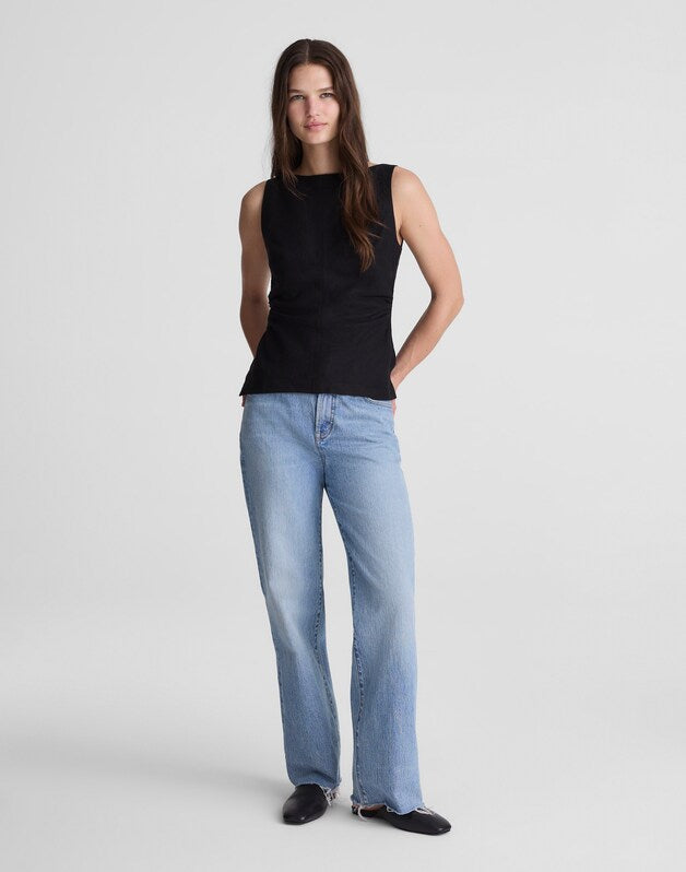 Cinched Boatneck Sleeveless Top in 100% Linen JET BLACK