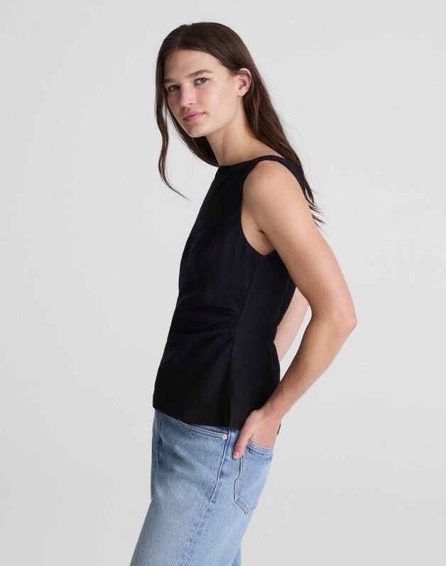 Cinched Boatneck Sleeveless Top in 100% Linen JET BLACK