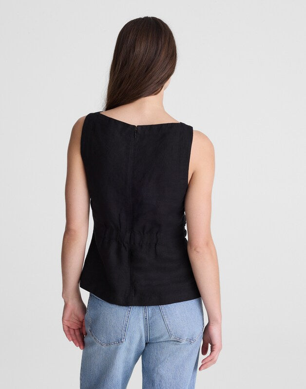 Cinched Boatneck Sleeveless Top in 100% Linen JET BLACK