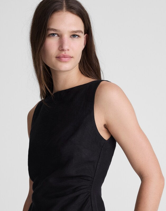 Cinched Boatneck Sleeveless Top in 100% Linen JET BLACK