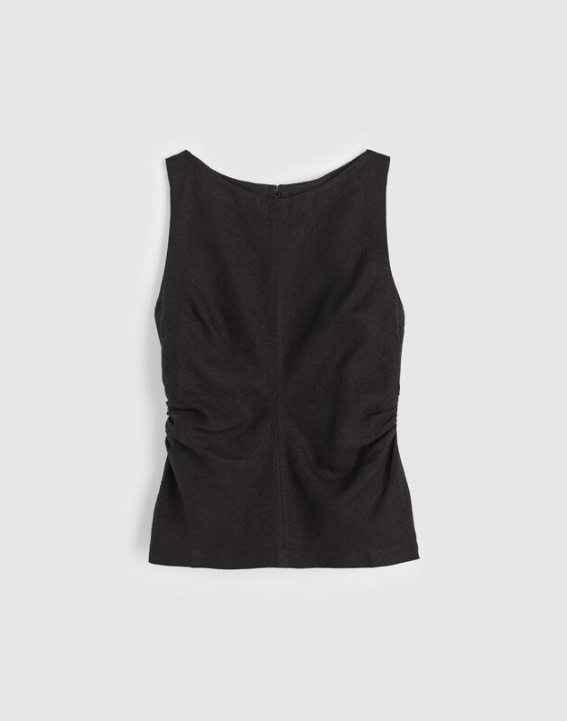 Cinched Boatneck Sleeveless Top in 100% Linen JET BLACK