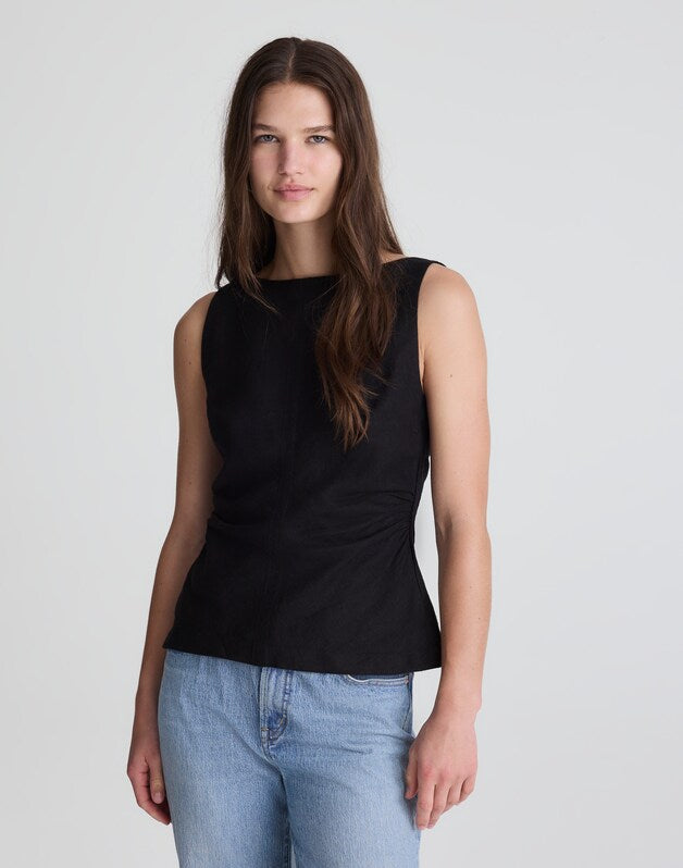 Cinched Boatneck Sleeveless Top in 100% Linen JET BLACK
