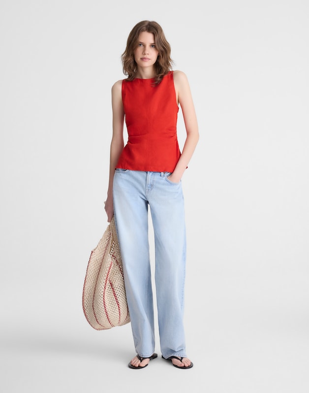 Cinched Boatneck Sleeveless Top in 100% Linen WILD POPPY