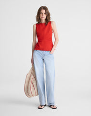 Cinched Boatneck Sleeveless Top in 100% Linen WILD POPPY