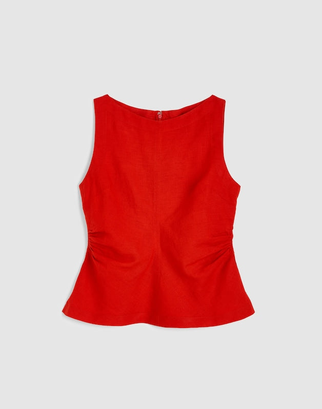 Cinched Boatneck Sleeveless Top in 100% Linen WILD POPPY