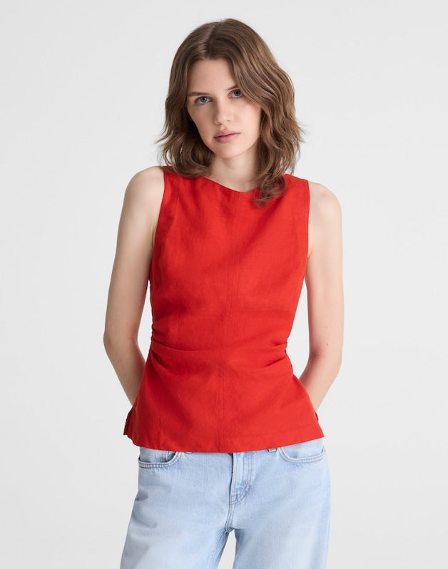 Cinched Boatneck Sleeveless Top in 100% Linen WILD POPPY