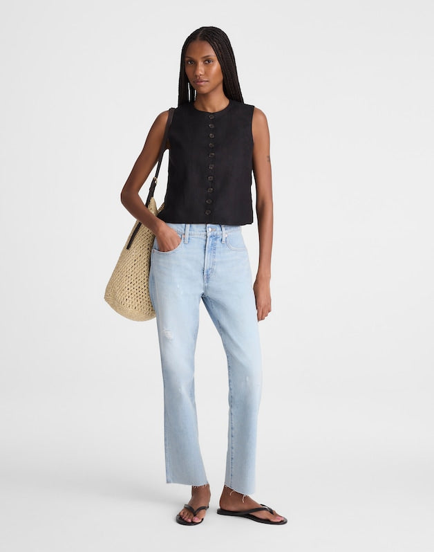 Button-Front Shell Top in 100% Linen JET BLACK