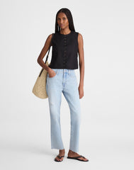 Button-Front Shell Top in 100% Linen JET BLACK