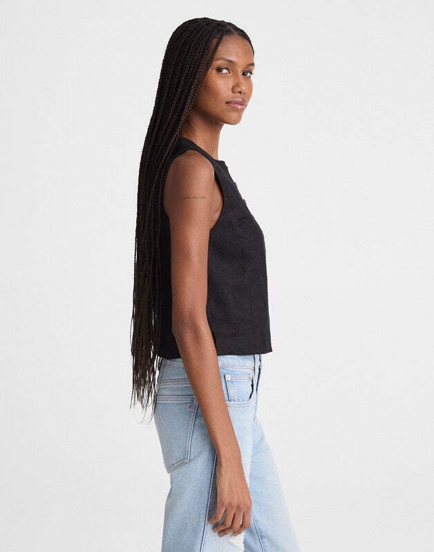 Button-Front Shell Top in 100% Linen JET BLACK
