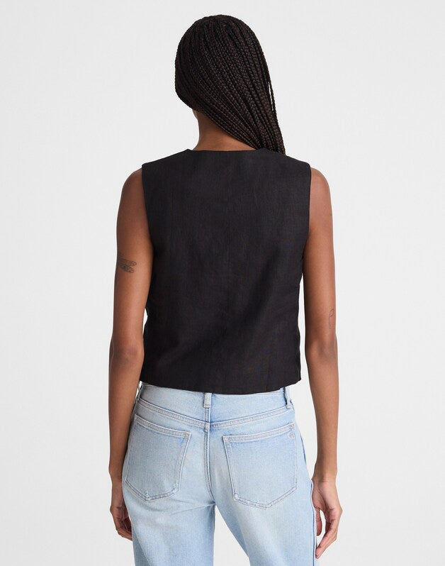 Button-Front Shell Top in 100% Linen JET BLACK