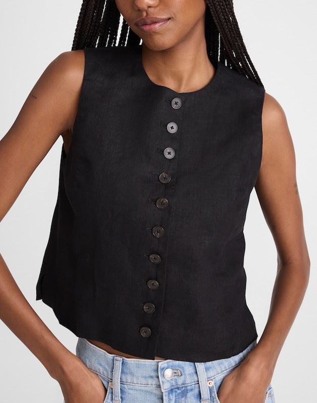 Button-Front Shell Top in 100% Linen JET BLACK