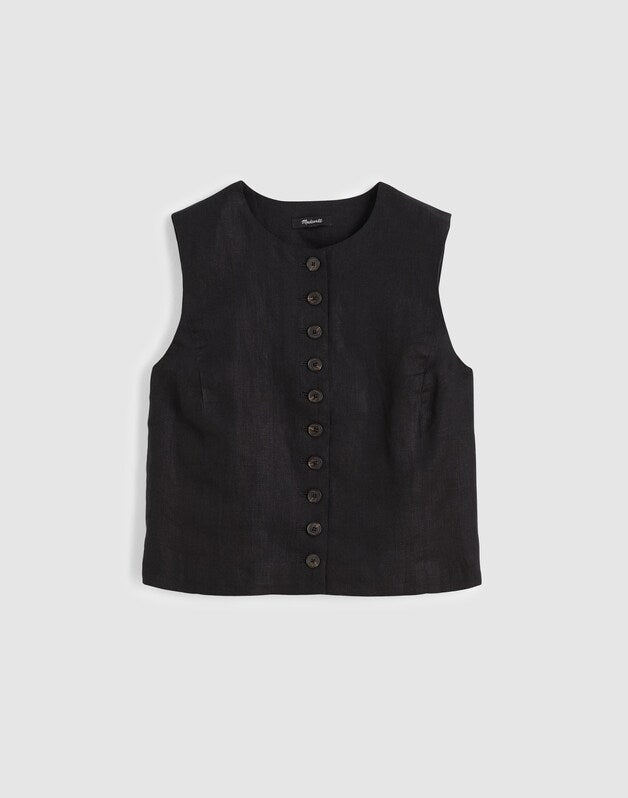 Button-Front Shell Top in 100% Linen JET BLACK