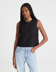 Button-Front Shell Top in 100% Linen JET BLACK