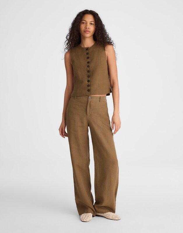 Button-Front Shell Top in 100% Linen SAFARI KHAKI