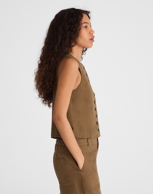 Button-Front Shell Top in 100% Linen SAFARI KHAKI