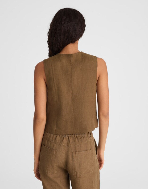 Button-Front Shell Top in 100% Linen SAFARI KHAKI