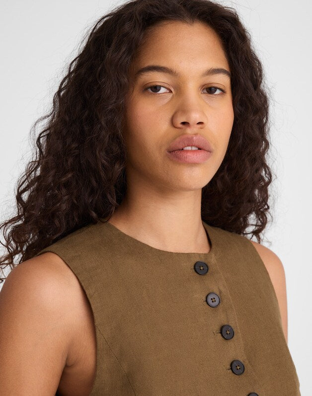 Button-Front Shell Top in 100% Linen SAFARI KHAKI