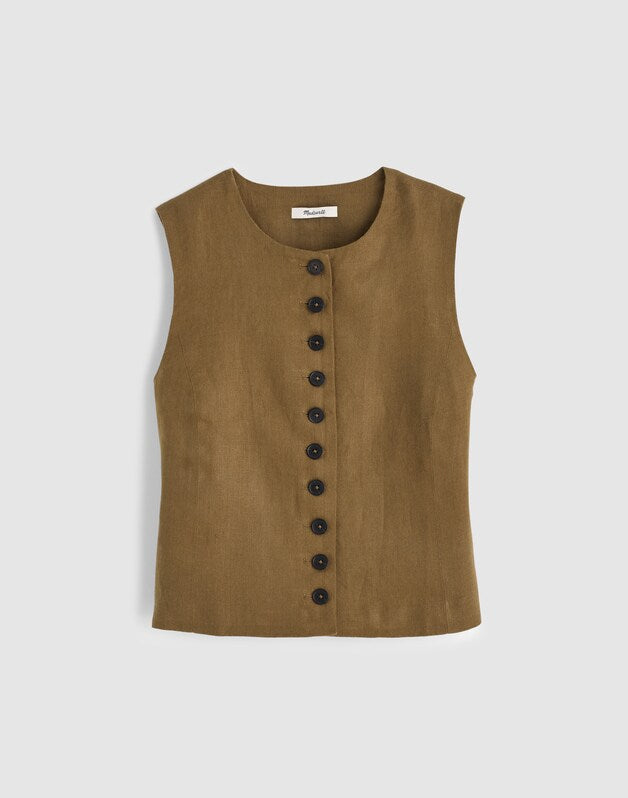Button-Front Shell Top in 100% Linen SAFARI KHAKI