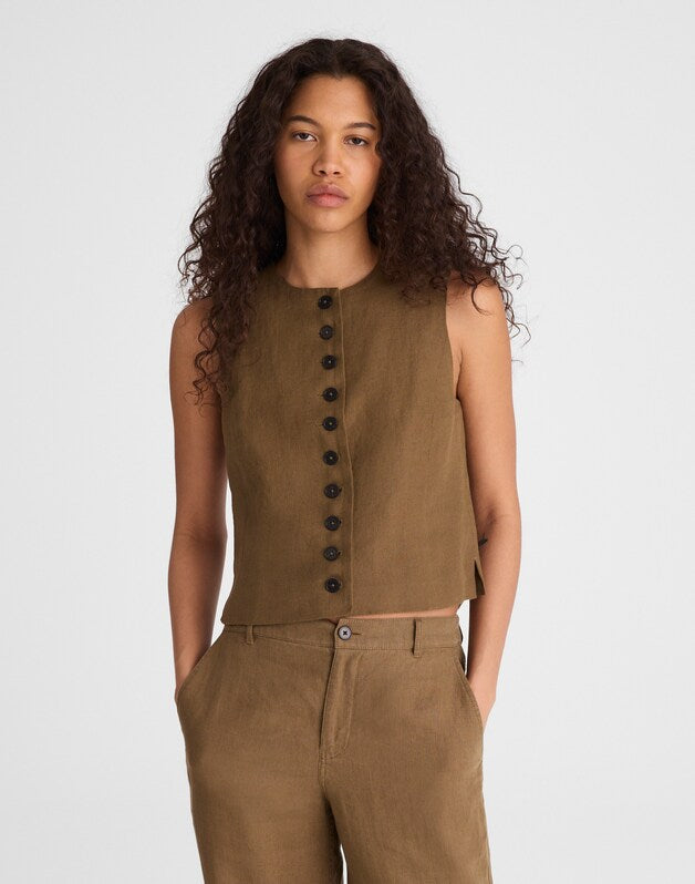 Button-Front Shell Top in 100% Linen SAFARI KHAKI