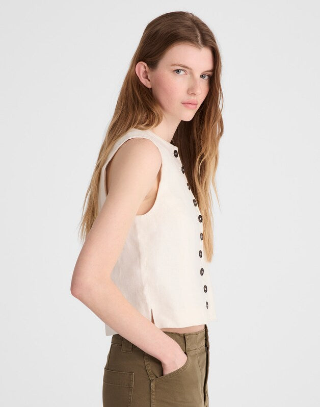 Button-Front Shell Top in 100% Linen IVORY LINEN
