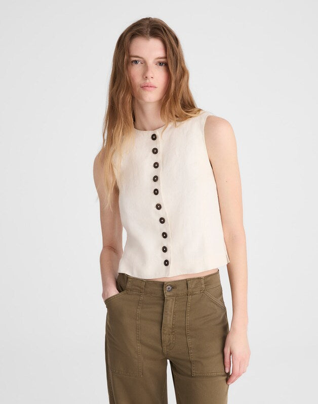 Button-Front Shell Top in 100% Linen IVORY LINEN