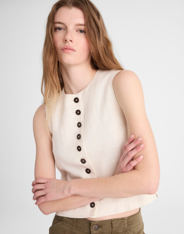 Button-Front Shell Top in 100% Linen IVORY LINEN