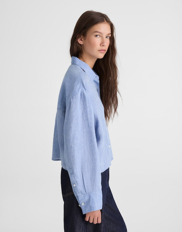 Straight-Hem Shirt in 100% Linen SUNFADED BLUE