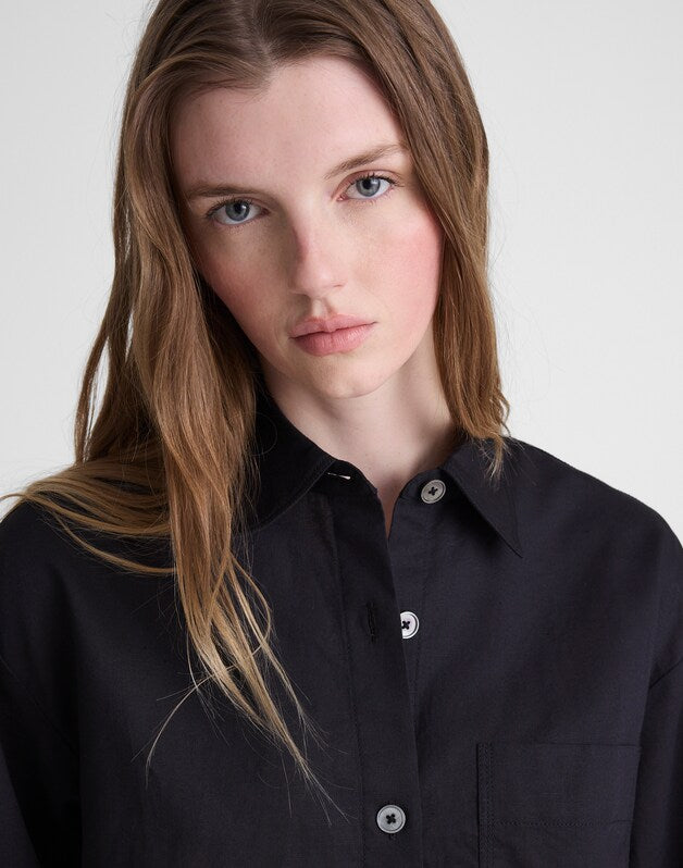 Straight-Hem Shirt in Linen-Cotton Blend JET BLACK