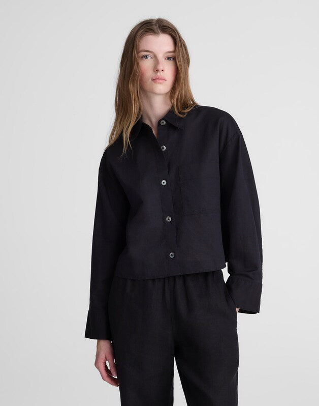 Straight-Hem Shirt in Linen-Cotton Blend JET BLACK