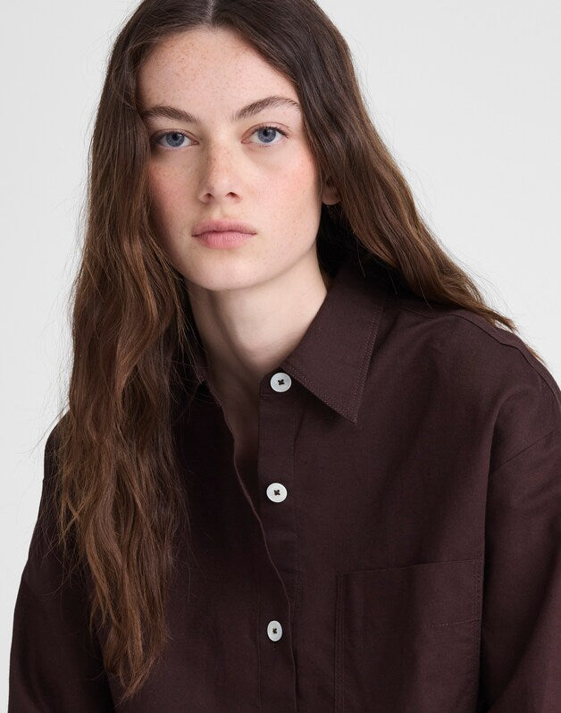 Straight-Hem Shirt in Linen-Cotton Blend COCOA