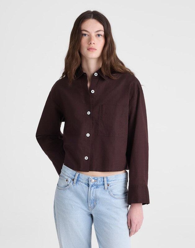 Straight-Hem Shirt in Linen-Cotton Blend COCOA