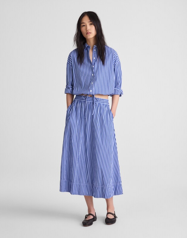 A-Line Midi Skirt in Striped Poplin FRENCH BLUE