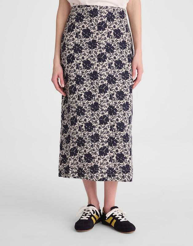 Pull-On Midi Skirt in Floral-Print Linen OAT