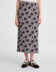 Pull-On Midi Skirt in Floral-Print Linen OAT