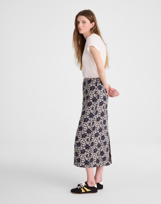 Pull-On Midi Skirt in Floral-Print Linen OAT
